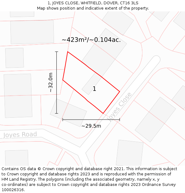 1, JOYES CLOSE, WHITFIELD, DOVER, CT16 3LS: Plot and title map