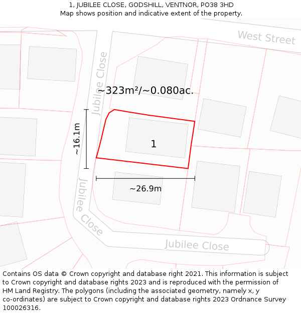 1, JUBILEE CLOSE, GODSHILL, VENTNOR, PO38 3HD: Plot and title map