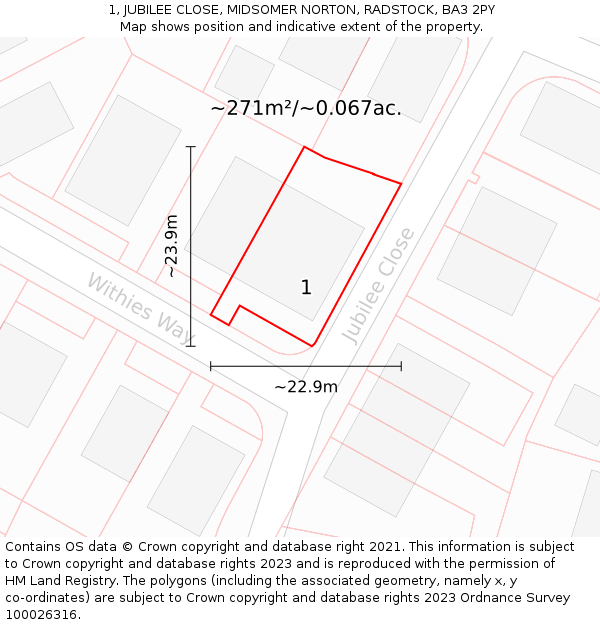 1, JUBILEE CLOSE, MIDSOMER NORTON, RADSTOCK, BA3 2PY: Plot and title map