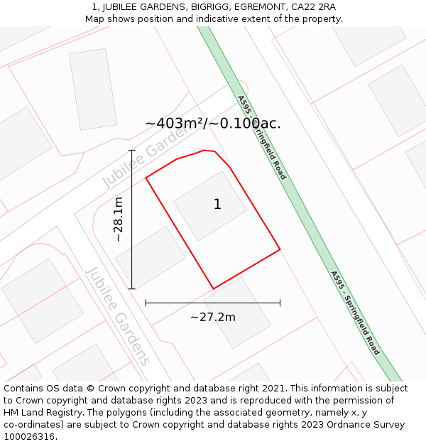 1, JUBILEE GARDENS, BIGRIGG, EGREMONT, CA22 2RA: Plot and title map