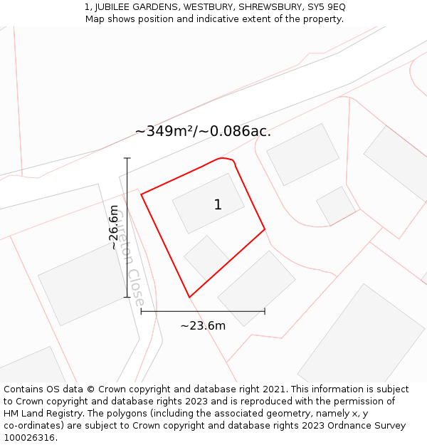 1, JUBILEE GARDENS, WESTBURY, SHREWSBURY, SY5 9EQ: Plot and title map
