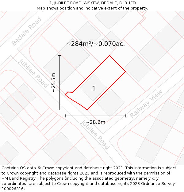 1, JUBILEE ROAD, AISKEW, BEDALE, DL8 1FD: Plot and title map