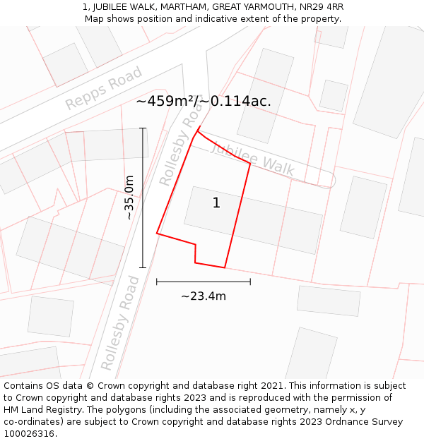 1, JUBILEE WALK, MARTHAM, GREAT YARMOUTH, NR29 4RR: Plot and title map