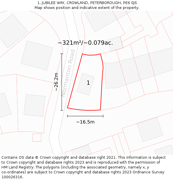 1, JUBILEE WAY, CROWLAND, PETERBOROUGH, PE6 0JS: Plot and title map