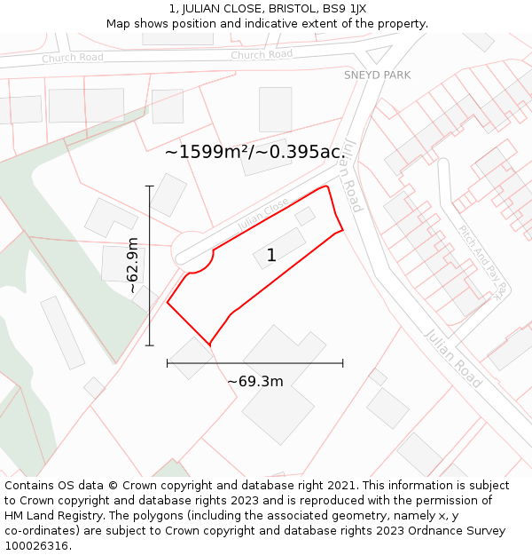 1, JULIAN CLOSE, BRISTOL, BS9 1JX: Plot and title map