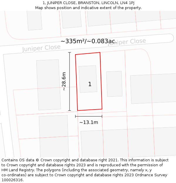 1, JUNIPER CLOSE, BRANSTON, LINCOLN, LN4 1PJ: Plot and title map