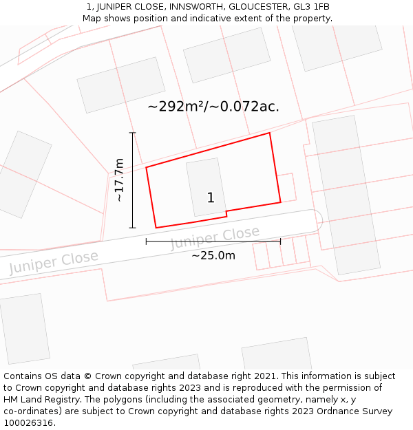 1, JUNIPER CLOSE, INNSWORTH, GLOUCESTER, GL3 1FB: Plot and title map