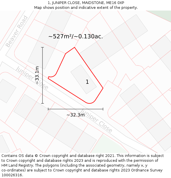 1, JUNIPER CLOSE, MAIDSTONE, ME16 0XP: Plot and title map