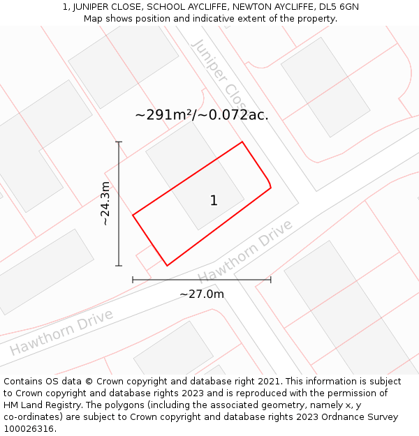 1, JUNIPER CLOSE, SCHOOL AYCLIFFE, NEWTON AYCLIFFE, DL5 6GN: Plot and title map