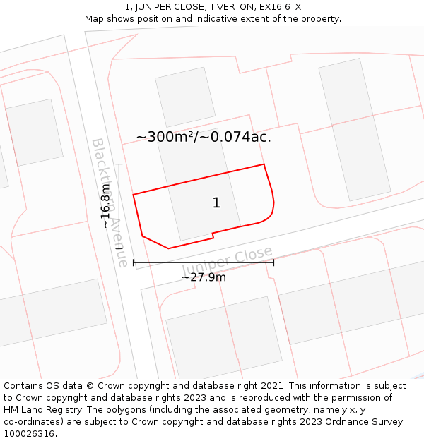 1, JUNIPER CLOSE, TIVERTON, EX16 6TX: Plot and title map