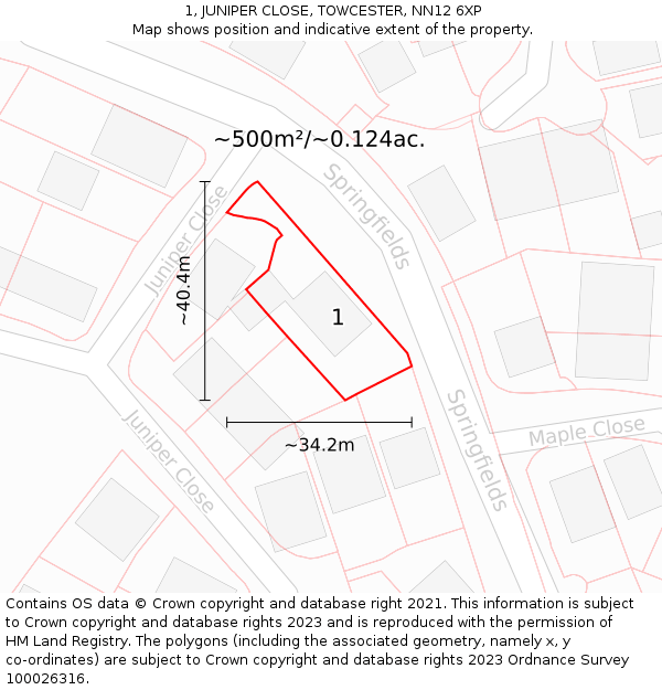 1, JUNIPER CLOSE, TOWCESTER, NN12 6XP: Plot and title map