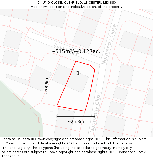 1, JUNO CLOSE, GLENFIELD, LEICESTER, LE3 8SX: Plot and title map