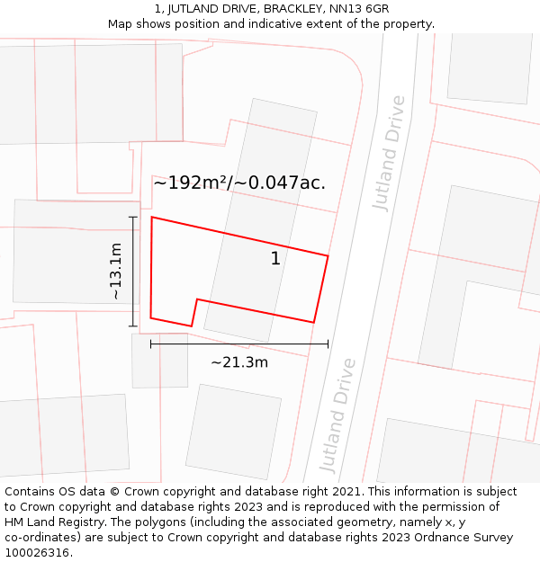 1, JUTLAND DRIVE, BRACKLEY, NN13 6GR: Plot and title map