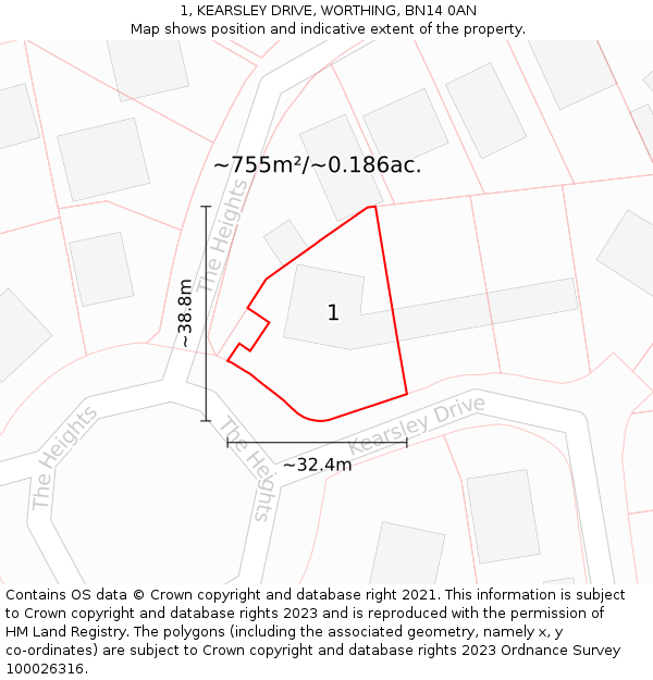 1, KEARSLEY DRIVE, WORTHING, BN14 0AN: Plot and title map