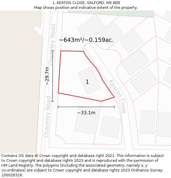 1, KEATON CLOSE, SALFORD, M6 8EB: Plot and title map