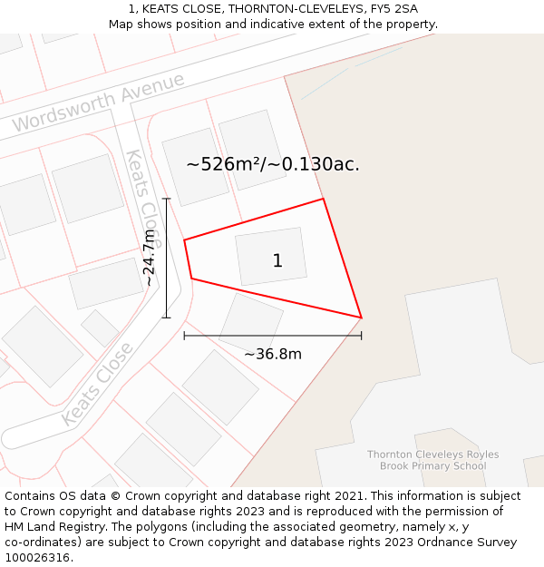 1, KEATS CLOSE, THORNTON-CLEVELEYS, FY5 2SA: Plot and title map