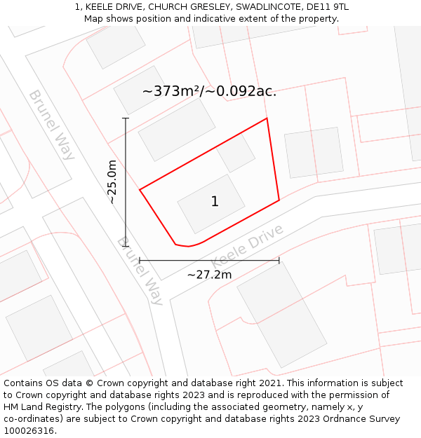 1, KEELE DRIVE, CHURCH GRESLEY, SWADLINCOTE, DE11 9TL: Plot and title map