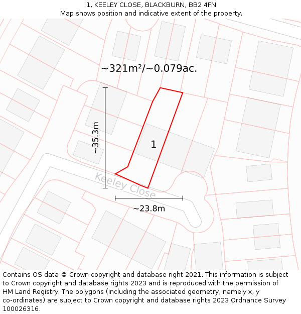 1, KEELEY CLOSE, BLACKBURN, BB2 4FN: Plot and title map