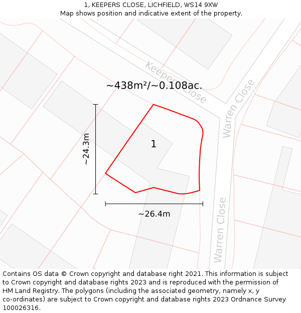 1, KEEPERS CLOSE, LICHFIELD, WS14 9XW: Plot and title map