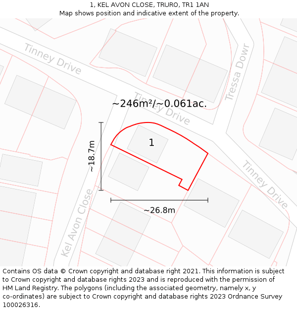 1, KEL AVON CLOSE, TRURO, TR1 1AN: Plot and title map