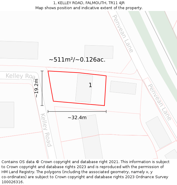 1, KELLEY ROAD, FALMOUTH, TR11 4JR: Plot and title map