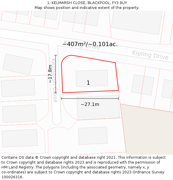 1, KELMARSH CLOSE, BLACKPOOL, FY3 9UY: Plot and title map