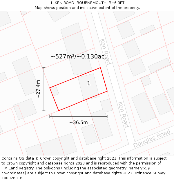 1, KEN ROAD, BOURNEMOUTH, BH6 3ET: Plot and title map