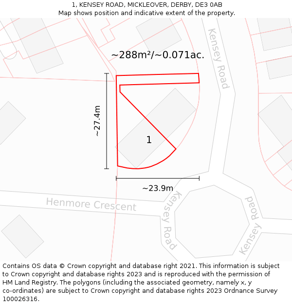 1, KENSEY ROAD, MICKLEOVER, DERBY, DE3 0AB: Plot and title map