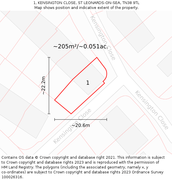 1, KENSINGTON CLOSE, ST LEONARDS-ON-SEA, TN38 9TL: Plot and title map