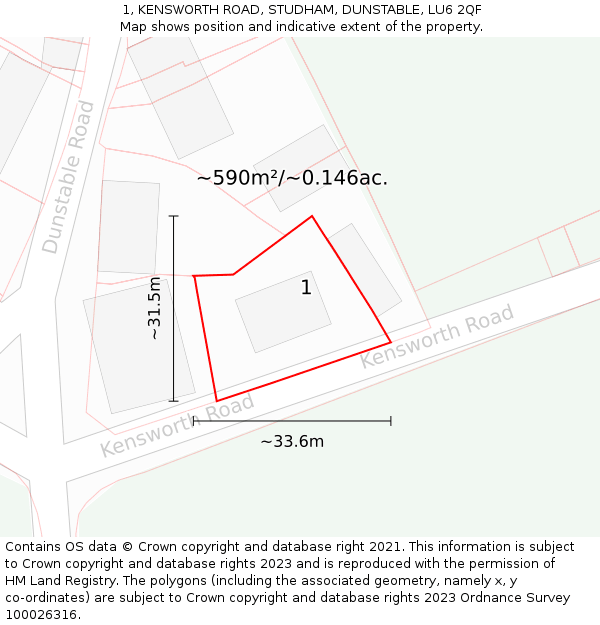 1, KENSWORTH ROAD, STUDHAM, DUNSTABLE, LU6 2QF: Plot and title map