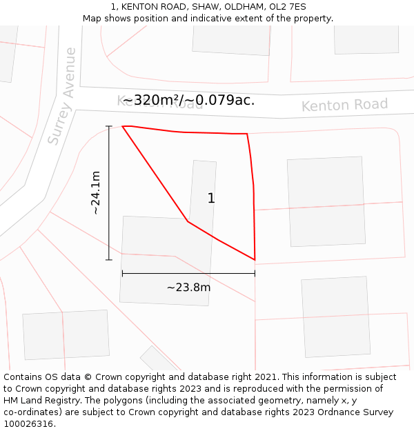 1, KENTON ROAD, SHAW, OLDHAM, OL2 7ES: Plot and title map