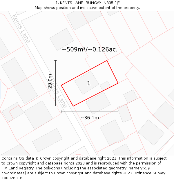 1, KENTS LANE, BUNGAY, NR35 1JF: Plot and title map