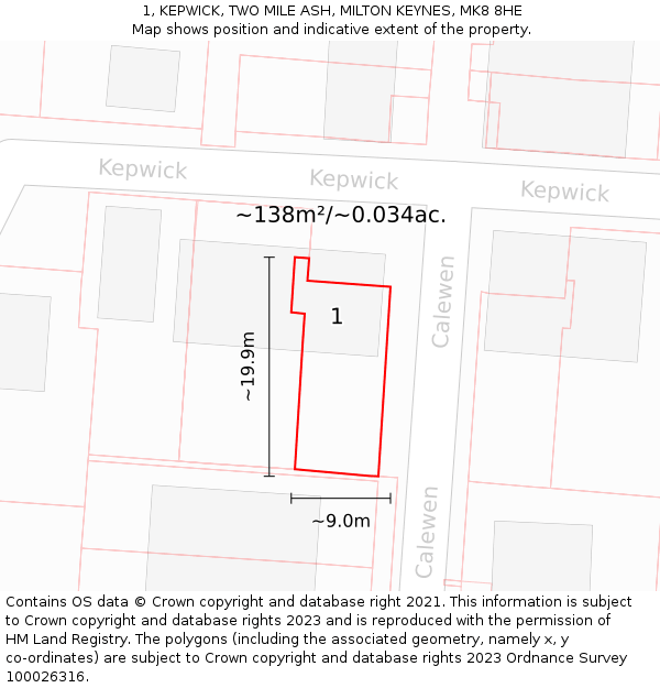 1, KEPWICK, TWO MILE ASH, MILTON KEYNES, MK8 8HE: Plot and title map