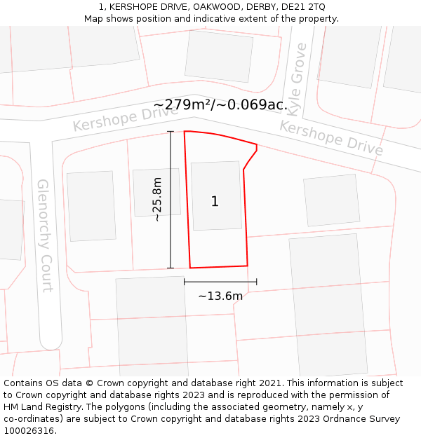 1, KERSHOPE DRIVE, OAKWOOD, DERBY, DE21 2TQ: Plot and title map
