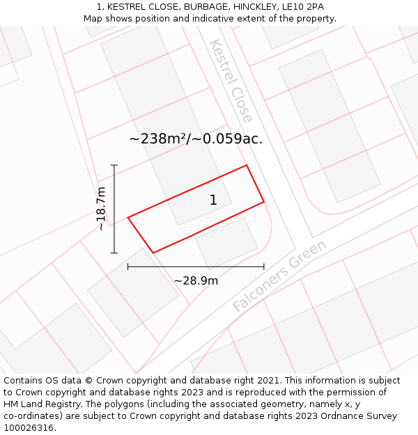 1, KESTREL CLOSE, BURBAGE, HINCKLEY, LE10 2PA: Plot and title map