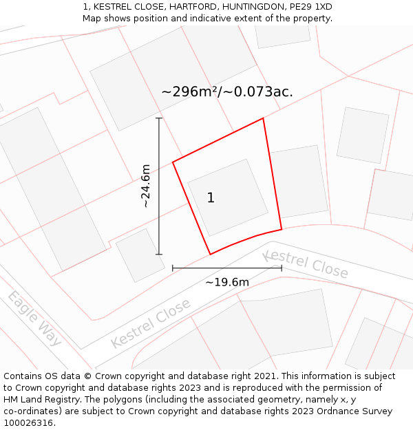 1, KESTREL CLOSE, HARTFORD, HUNTINGDON, PE29 1XD: Plot and title map