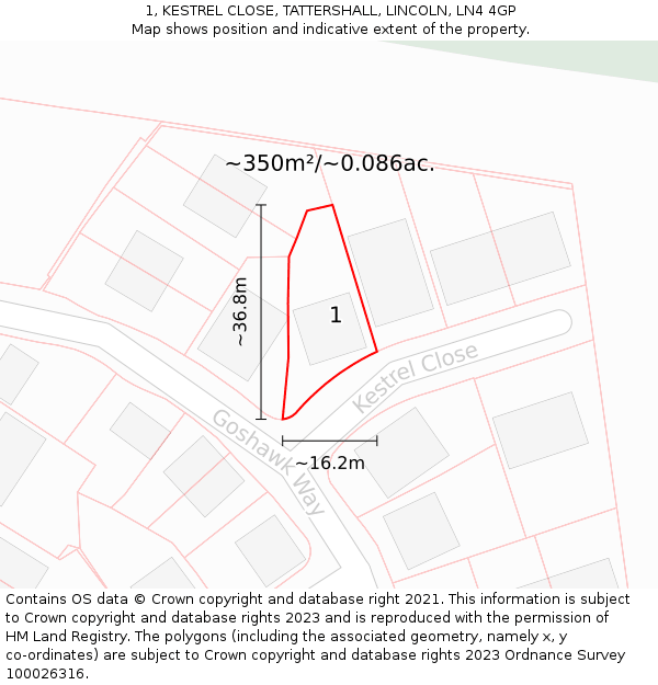 1, KESTREL CLOSE, TATTERSHALL, LINCOLN, LN4 4GP: Plot and title map
