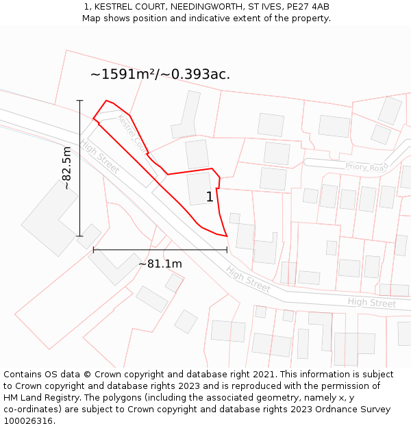 1, KESTREL COURT, NEEDINGWORTH, ST IVES, PE27 4AB: Plot and title map
