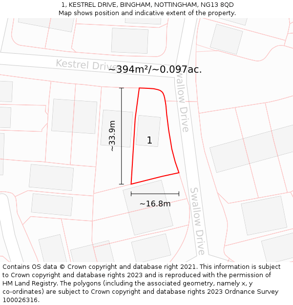 1, KESTREL DRIVE, BINGHAM, NOTTINGHAM, NG13 8QD: Plot and title map