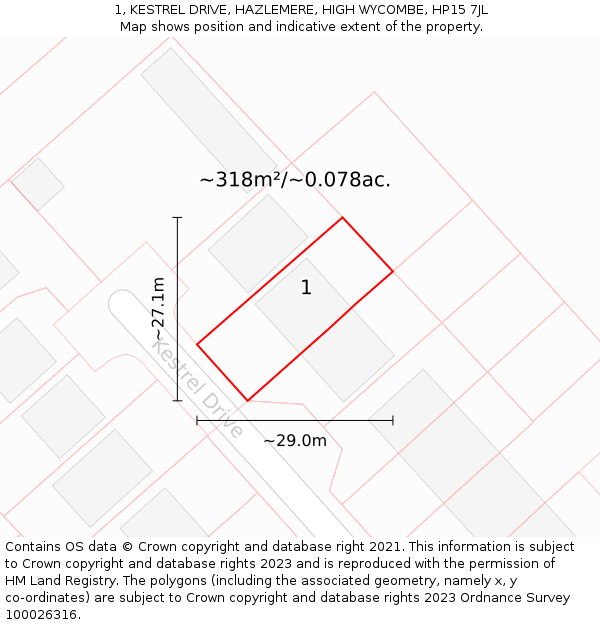 1, KESTREL DRIVE, HAZLEMERE, HIGH WYCOMBE, HP15 7JL: Plot and title map