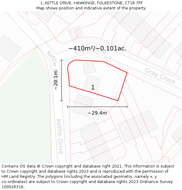 1, KETTLE DRIVE, HAWKINGE, FOLKESTONE, CT18 7PF: Plot and title map