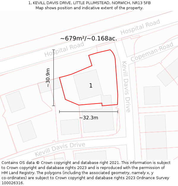 1, KEVILL DAVIS DRIVE, LITTLE PLUMSTEAD, NORWICH, NR13 5FB: Plot and title map
