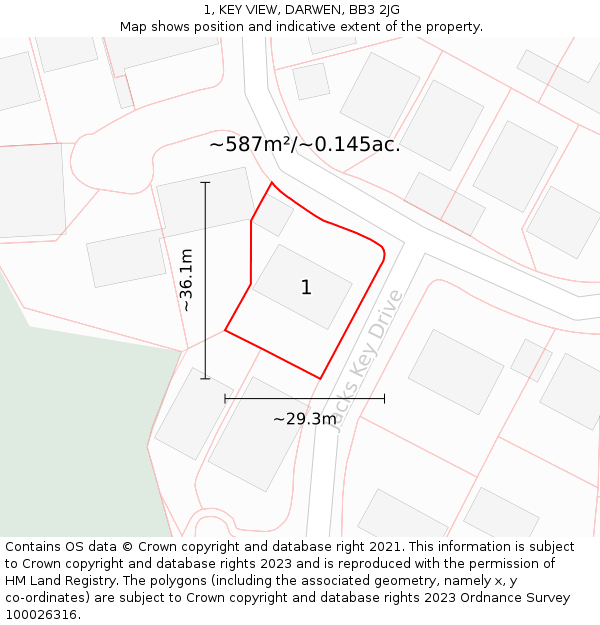 1, KEY VIEW, DARWEN, BB3 2JG: Plot and title map
