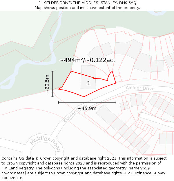 1, KIELDER DRIVE, THE MIDDLES, STANLEY, DH9 6AQ: Plot and title map