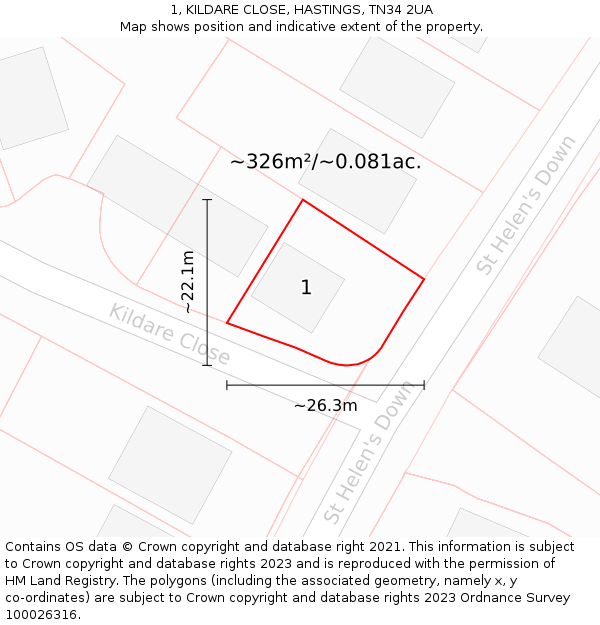 1, KILDARE CLOSE, HASTINGS, TN34 2UA: Plot and title map