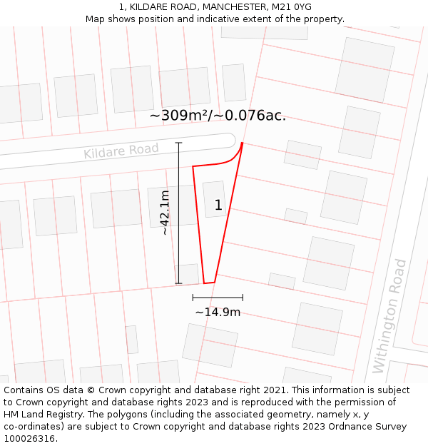 1, KILDARE ROAD, MANCHESTER, M21 0YG: Plot and title map