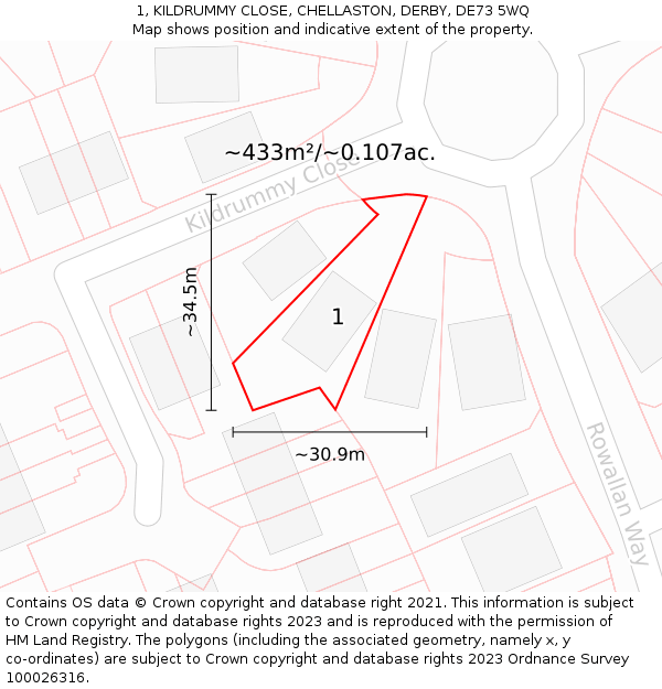 1, KILDRUMMY CLOSE, CHELLASTON, DERBY, DE73 5WQ: Plot and title map