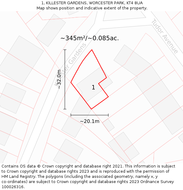 1, KILLESTER GARDENS, WORCESTER PARK, KT4 8UA: Plot and title map