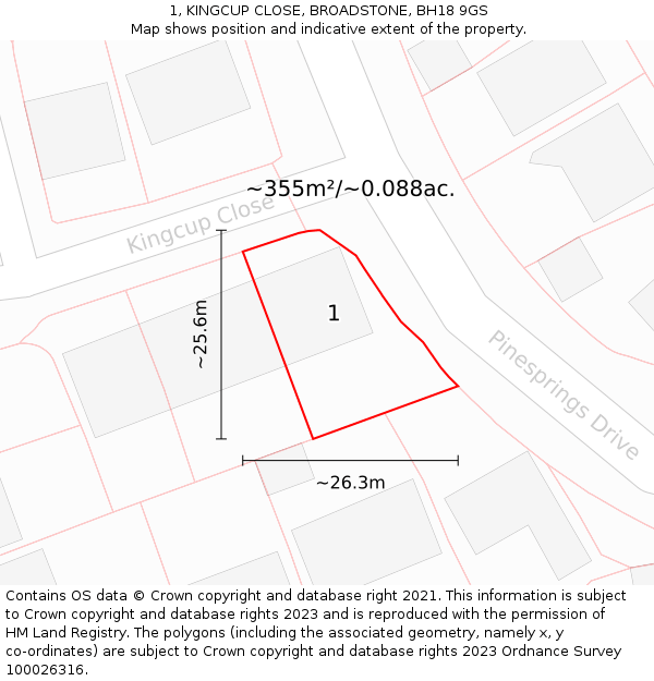 1, KINGCUP CLOSE, BROADSTONE, BH18 9GS: Plot and title map