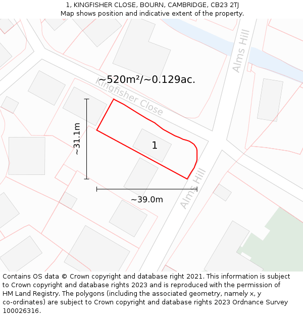 1, KINGFISHER CLOSE, BOURN, CAMBRIDGE, CB23 2TJ: Plot and title map